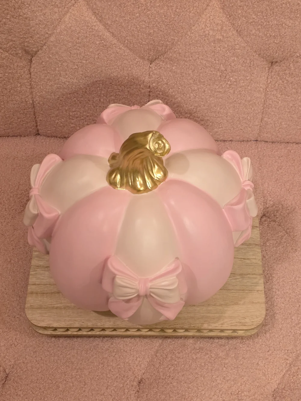 Coquette Pink and Cream Pumpkin w/Bow Accents & Gold Stem -Pink-Halloween Decor